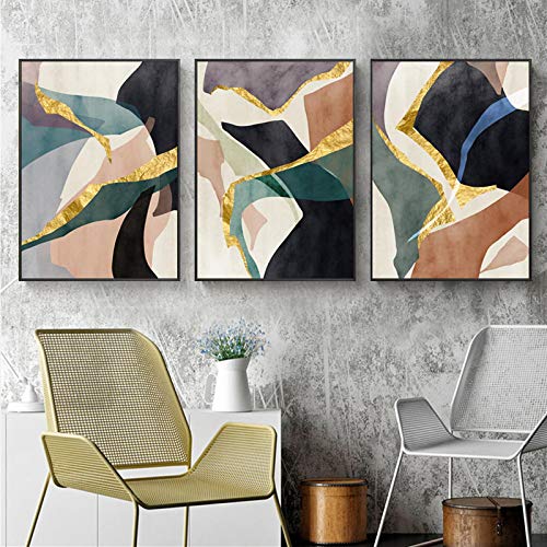 Pintura de la lona abstracta moderna x3 de 60x90 cm con mezcla en rojo, negro y dorado