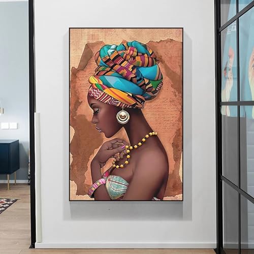 Impression sur toile femme africaine collier de perles, décoration murale cadre en bois 50x75