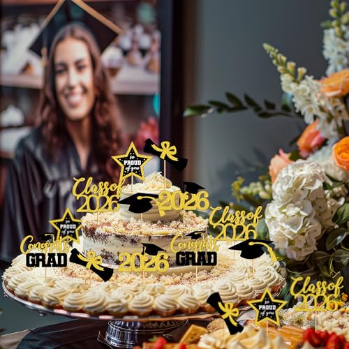 Image of 48 PCS Graduation Cupcake Toppers, 6 Styles Congrats Grad Cake Topper, Black and Gold Graduation Decorations 2026, Glittery Cap and Diploma Cake Picks for Grad Party Decor Supplies
