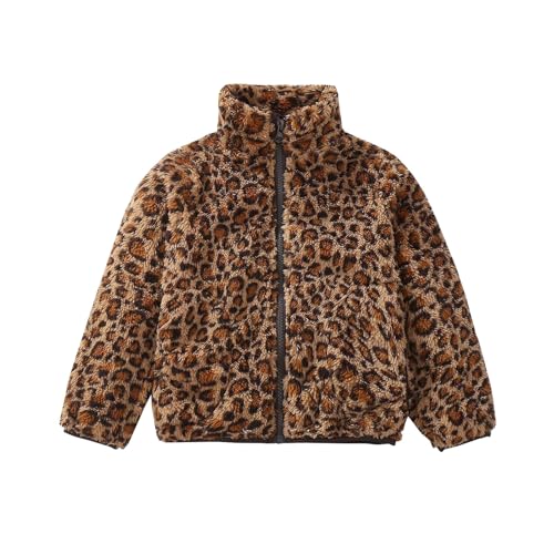 Girls Fleece Jacket Fuzzy Fur Sherpa Leopard Long Sleeve Turtleneck Toddler Winter Coat Kids Thermal Zip Up Jackets