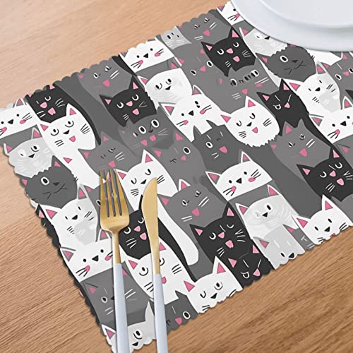 Cartoon Gray Hipster Cat Kitten Placemats Set Of 6 Heat-Resistant Washable Table Non-Slip Place Mat For Dining Table 12 X 18 Inches #TOP4