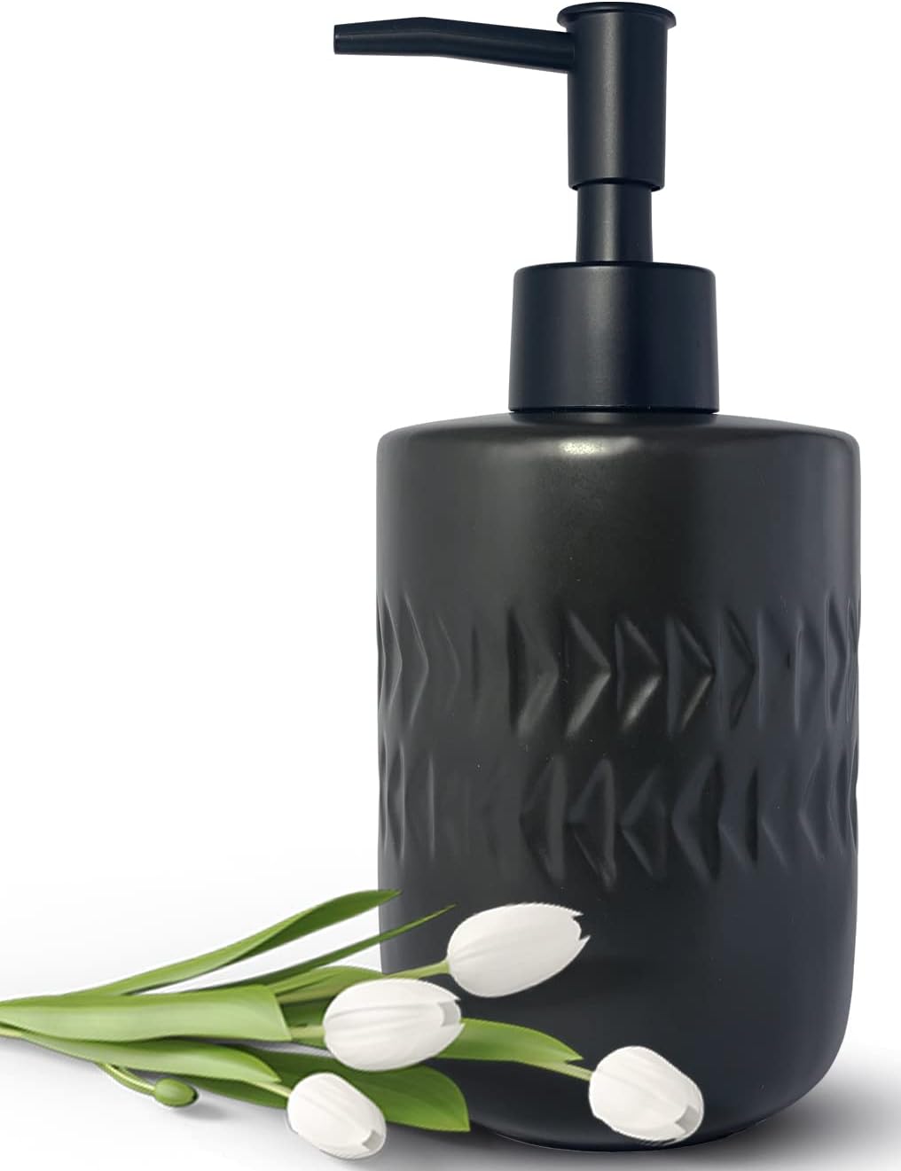 White Soap Dispenser with Matte Black Pump for Bathroom,Minimalist Modern Design Cylindrical Lotion Dispenser,12oz Ceramic Hand Dish Soap Dispenser,Refillable Liquid Dispenser for Kitchen (White)