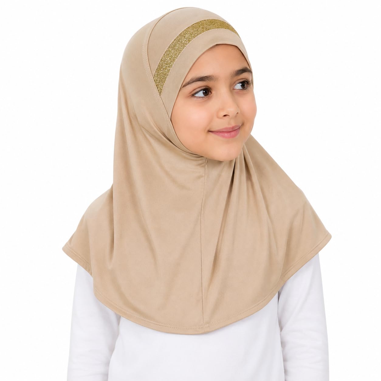 Yaqeen Girls instant headscarf hijab al Amira with glitter borde, readymade pull on scarf, ideal for any occassion school/nursery (Mocha)