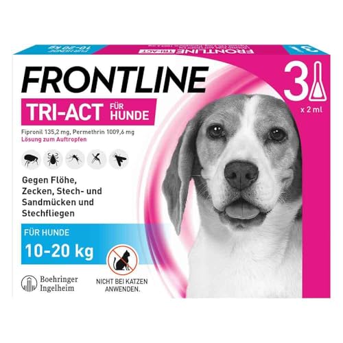FRONTLINE TRI-ACT Hund M gegen Zecken, Flöhe & Mücken (10 bis 20 kg) - 3X Pipetten für bis zu 3 Monate Schutz - wasserfest - perfekt auf Reisen