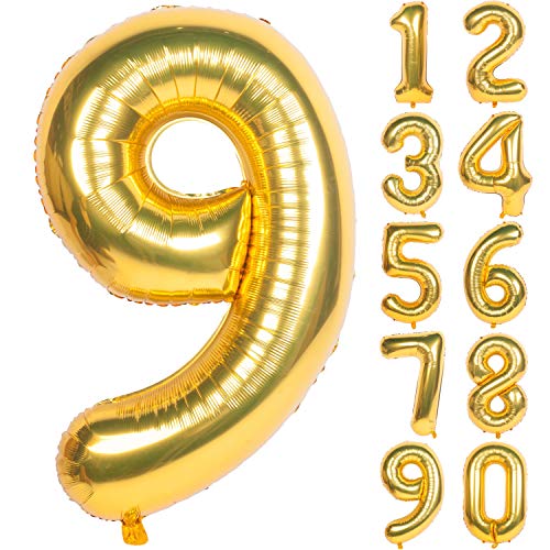 Image of 40In Large Gold Number Balloon 9 Aluminum Foil Mylar Big Number Balloon 0-9 | Suitable for Gold Birthday Parties, Weddings and Anniversary Photography