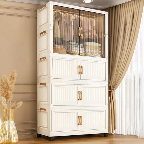 Image of AYSIS ๐ ๐๐๐๐ Plastic Wardrobe for Kids Clothes with Wheels | Multipurpose Collapsible Wardrobe Storage Almirah Wardrobe for Clothes, Kitchen Cupboard | Plastic Cupboard for Kids for Home - White