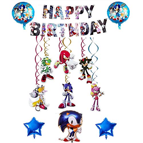 Decoracion Cumpleaños Sonic Globos de Sonic Feliz Cumpleaños del Pancarta de Sonic the Hedgehog Sonic Remolinos Colgantes de Decoración Cover
