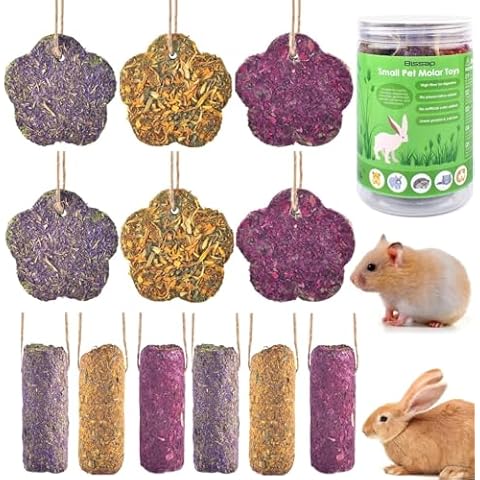 Bissap 12PCS Rabbit Chew Sticks, Hanging Chew Sticks & Cakes Timothy Hay Carrot Strawberry Treat for Bunny Chinchilla Guinea Pig Hamster and Other Small Pets Molar Snack Toy Cover