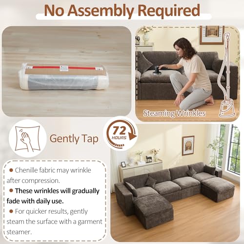 Image of 146''Cloud Boneless Sectional Couch, Modular Sectional Sofa Deep Seat with 2 Ottomans, Oversized Upholstered Convertible Comfy 6 Seater Chenille Sofa U Shape Couches for Living Room, Brown