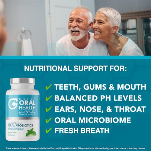 Image of Oral Probiotics for Mouth Bad Breath Treatment for Adults; Dentist Formulated Dental Probiotics for Teeth and Gums Health & Chronic Halitosis with BLIS K12 M18, 60 Chewable Oral Health Tablets Mint