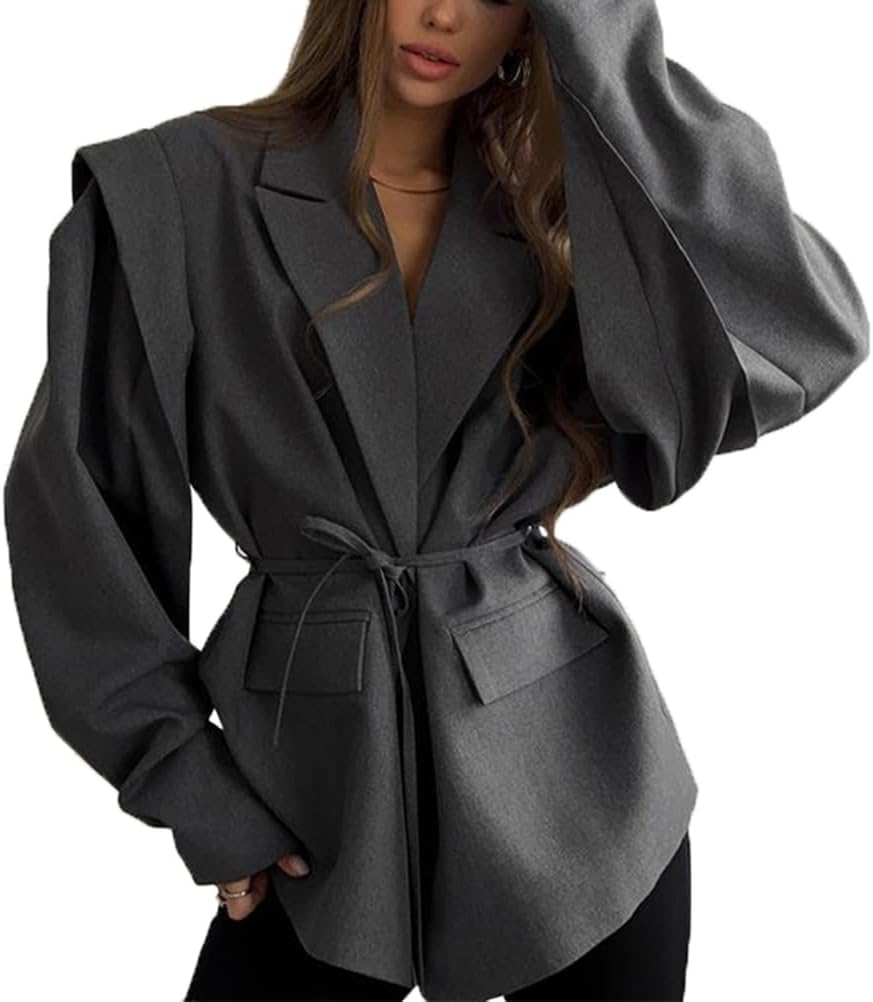 cffvdiz Women's Oversized Blazer Lapel Tie-Waist Work Office Open Front Suit Jackets