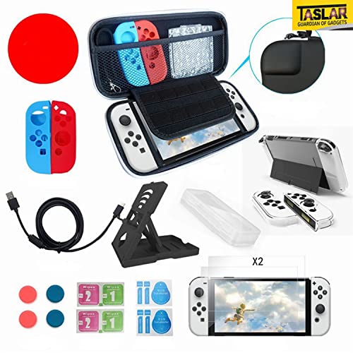 TASLAR-Travel-Carrying-Case-Accessories-Kit-Protective-Hard-Portable-Cover-Box-Bag-Screen-Protectors-Adjustable-Viewing-Stand-USB-Cable-Bonus-Game-Cases-Thumb-Grip-Caps-for-Nintendo-Switch-OLED-Black