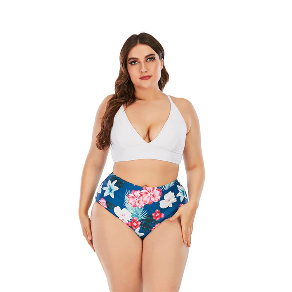 Women Two Piece Plus Size Swimsuit, Sexy Deep V Tank Top With Tropical Floral Print High Waist Tummy Control Bikini Set