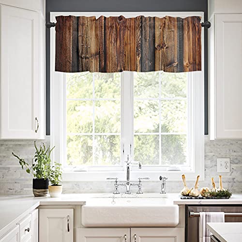 Curtain Valance For Windows Farmhouse Rustic Wood Rod Pocket Valance Window Treatments 1 Panel Brown Barn Hardwood Short Curtains For Kitchen Windows Bathroom Bedroom 54 X 18 Inch #TOP1