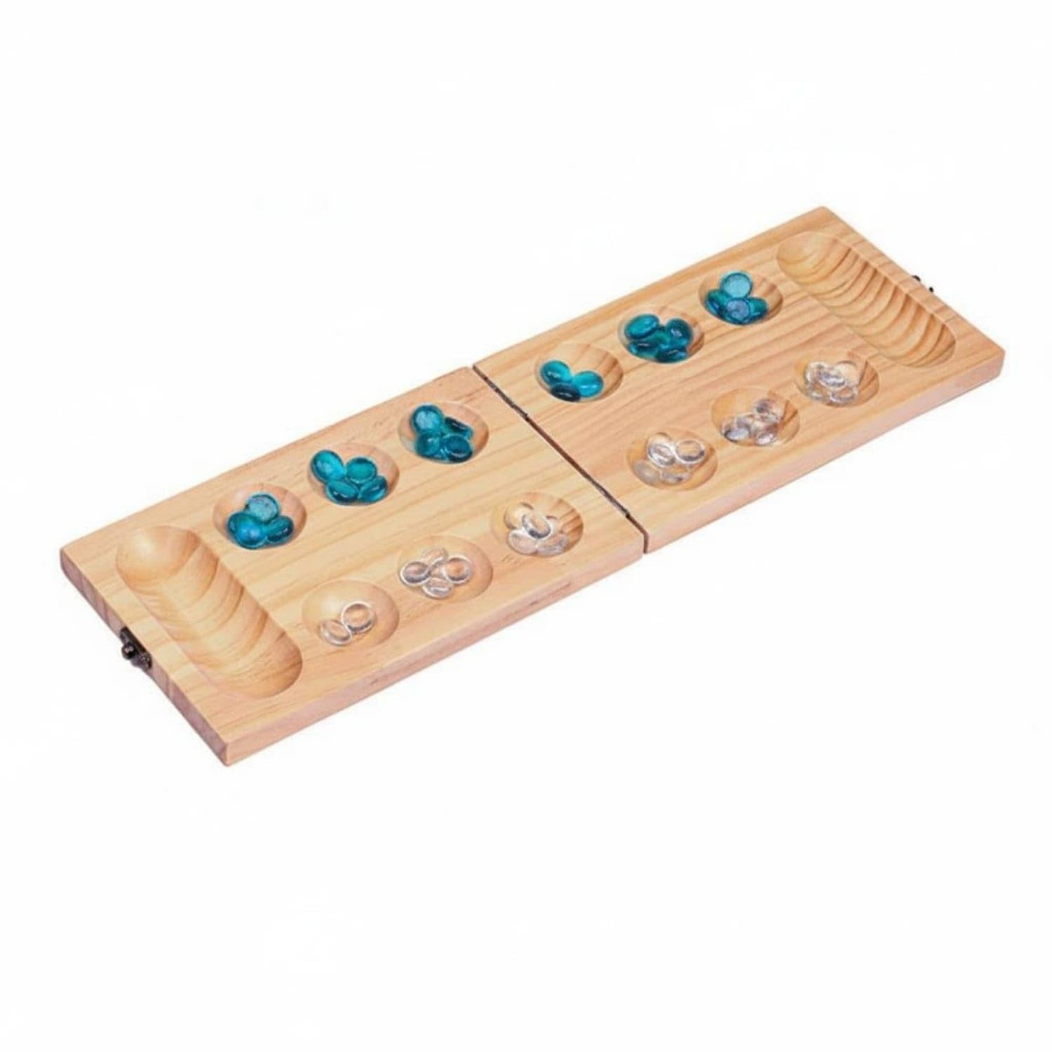 Foldable Mancala Board Game Glass Marbles Wood Mancala Set Recessed Pits Folding Game Board Rectangular Case, Pine, with Lock-image-45