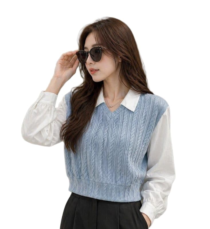 Women's Cable Knit Sweater Vest Shirt | 2-in-1 Collared V-Neck Long Sleeve* Jacquardd_ Tshirt Parent-picture-39