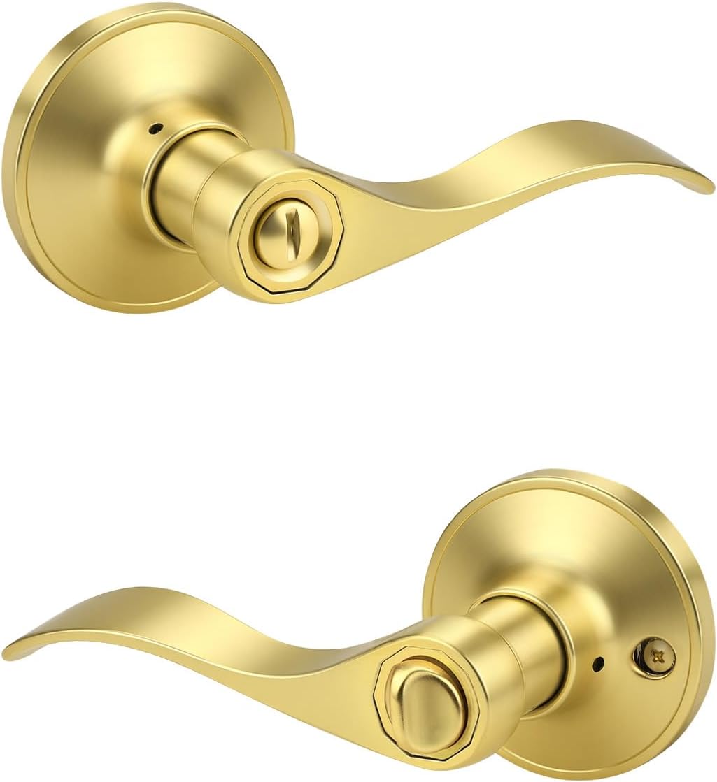 KNOBWELL 1 Pack Gold Door Handle Interior Privacy Doorknob Bedroom Door Handle with Lock, Reversible for Left and Right