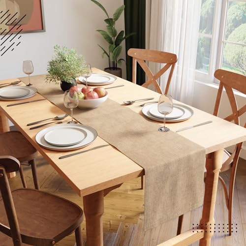 Image of Encasa XO Dining Table Runner for 4 to 6 Seater | 32x183 cm | Sand | Chenille Fabric | Machine Washable