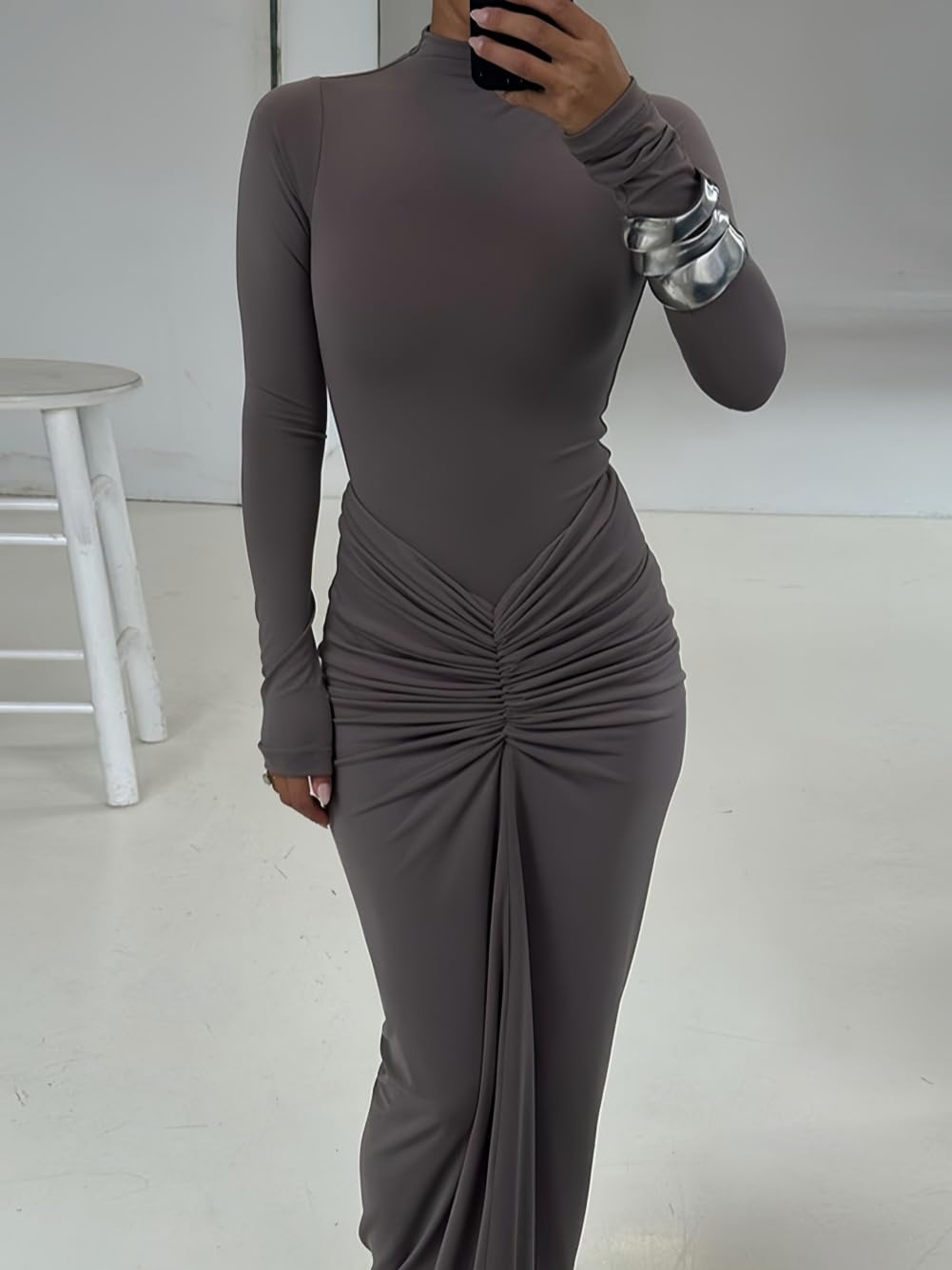 Robe Femme Élégante Maxi Robes Moulante Col Montant Manches Longues Sexy Slim Froncée Robe Longue Automne Hiver Tendance Robes Crayon de Soirée Cocktail Clubbing Mariage Casual Streetwear