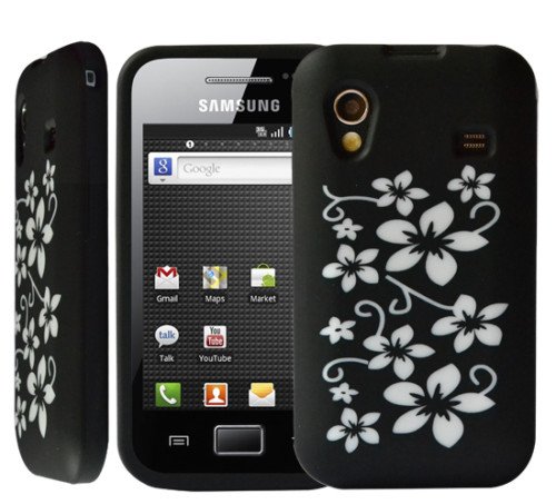 housse étui coque silicone Samsung S5830 Galaxy Ace couleur noir à fleur + film