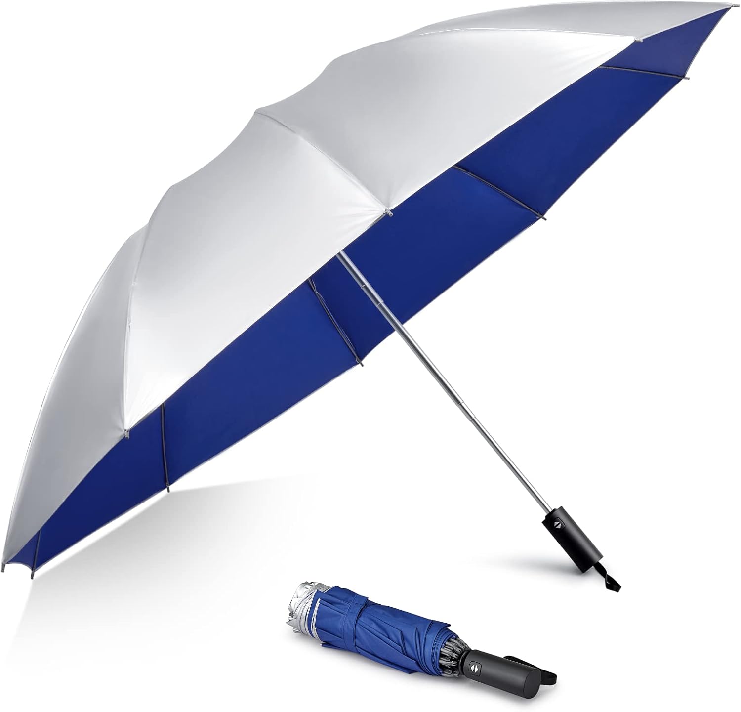 G4Free UPF 50+ UV Protection 54 Inch Large Reverse Travel Umbrella, 10 Ribs Windproof Compact Sun Blocking Inverted Car Umbrellas Automatic Open Close (Blue/Silver) - Image 9