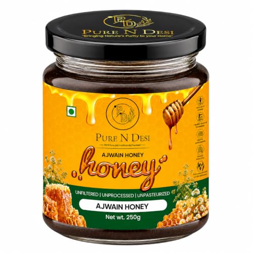 Image of PURE N DESI 100% Pure Organic Honey - 250g | Row Honey for Fitness & Health | Natural Immunity Booster | 100% Indigenous | Rich in Antioxidants & Minerals | Raw & unfiltered Ajwain honey in a premium glass jar with rich aroma and naturally sweet taste for everyday use.