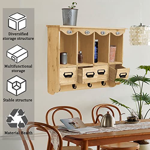 Foriy Wood Wall Cabinet Kitchen Wall Mounted Vintage Storage Cabinet With 4 Drawers And 4 Hooks, 4 Open Compartments For Living Room Bathroom Rustic Farmhouse 21X15X6Inch #TOP3