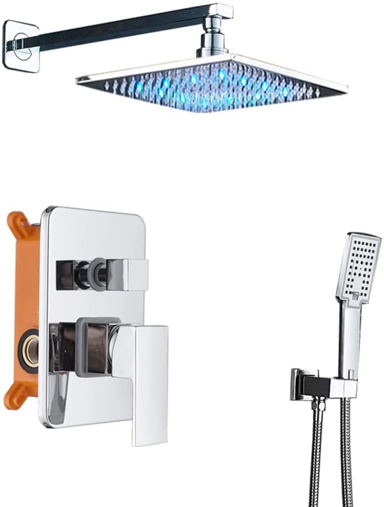 SWENEEN Luxury Chrome Shower System With Hidden Faucet Adjustable Handheld & Led Rainfall Showerhead Advanced Air Injection Technology 12-Inch Poles For Ultimate Spa Experience,10 Inch