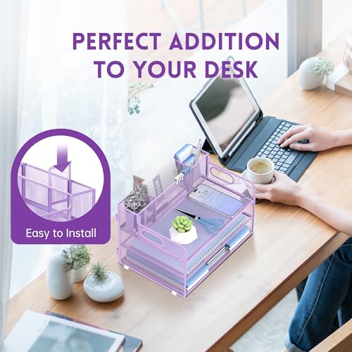 SUPEASY Organizador de mesa de 3 níveis com alça e 3 porta-canetas, organizador de papel/arquivo de