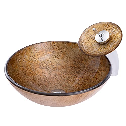 Lavabo de baño de Vidrio Templado Redondo marrón sobre encimera, Lavabo artístico con Grifo Cascada y desagüe emergente.