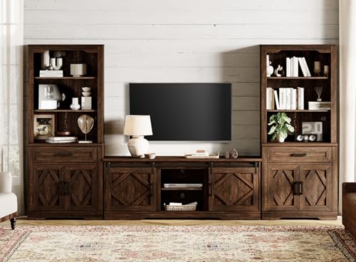 WAMPAT Farmhouse Entertainment Center with Bookshelves for 75" TV, 3-in-1 TV Stand Features Bookcases(73" Tall,Adjustable Shelves) with Storage and Cable Management for Living Room, Rustic Brown