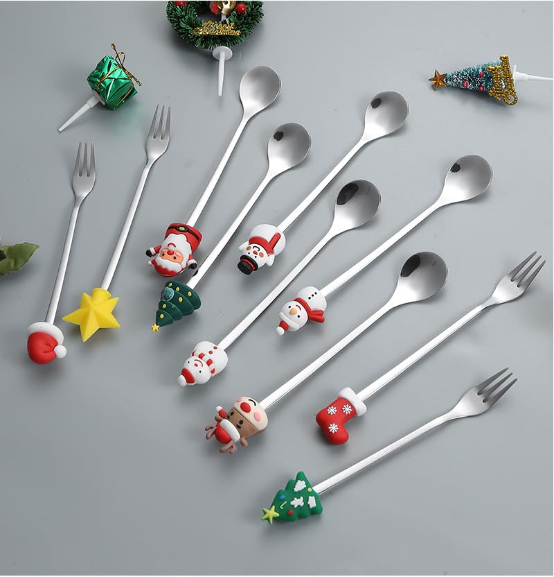 Juego De Cubiertos De 6 Piezas con Diseño Navideño Creativo De Acero Inoxidable, Cuchara Y Tenedor De Postre.，Gold-8Set