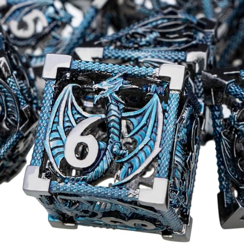 ARUOHHA Hollow DND Metal Dice Set Black Blue Dragons D and D Dice with Gift Box, Role Playing Games Dungeons Polyhedral Dice D20 D12 D10 D8 D6 D4