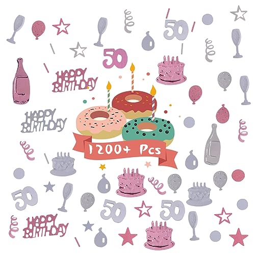 Image of OSDUE Pink Gold Silver Happy Birthday Confetti, 3000 Pieces 50 Years Birthday Cake Confetti, Metallic Foil Balloon Table Scatter Confetti Decoration Supplies, for Birthday Party (50th Style)