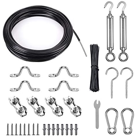 TooTaci Outdoor String Light Hanging Kit, Globe String Light Suspension Kit, Include 30M Black Coated Stainless Steel Guide Cable Wire Rope,Turnbuckle Wire Tensioner kit with Wire Rope Clips and Tools Cover