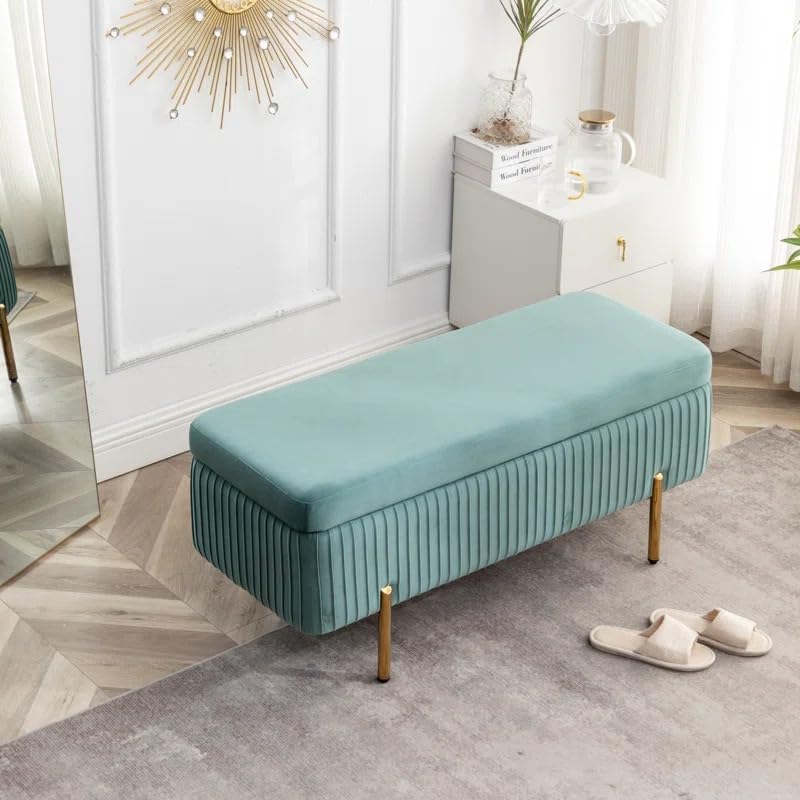 Image of Nutech Decor Velvet Upholstered Flip Top Storage Bench, 2-Seater Ottoman with Hidden Storage, Button Tufted End of Bed Bench for Bedroom, Living Room, Entryway, Hallway & Window Seating