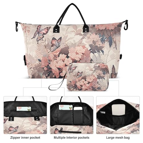 Large Travel Duffel Bag, Floral and Butterfly Sports Tote Gym Bag, Shoulder Weekender Overnight Bag for Women Men, Carry On Luggage with Toiletry Bags2