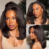 V Part Wig Kinky Straight Wig Upgrade U Part Synthetic Wigs for Black Women Full Head Clip In Hair Glueless Blend Human Hair Replacement Synthetic Wigs Natural Scalp (Natural Black2.0, 16 Inch)