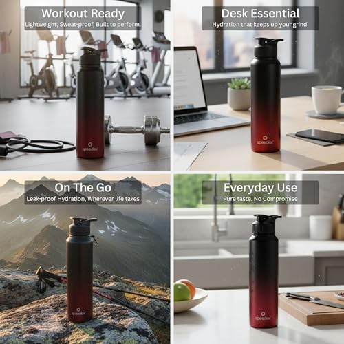 Image of Speedex Stainless Steel Metal Water Bottle 1 Ltr 1000 ml, BIS Approved, Leak Proof Sipper Cap Bottle for Office, School, Gym, Travel, Daily Use for Men, Women, Kids, Adults, Black Wine, Set of 4