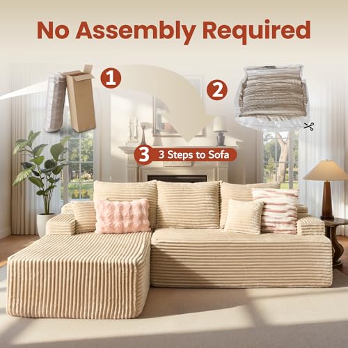 Image of ovios 96 inch Cloud Sectional Couch with L-Shape Chaise,Modern Modular Sofa with Deep Seat, Upholstered Couches for Living Room Bedroom,No Assembly Required, Beige (Plush Corduroy Fabric)