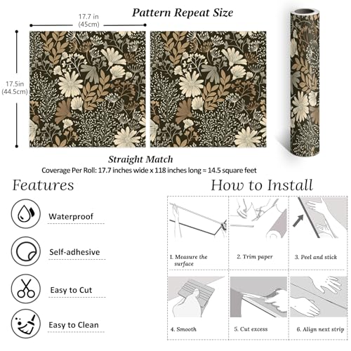 VEELIKE Boho Floral Wallpaper Peel and Stick Botanical Flower Wallpaper for Bedroom Bathroom Nursery 17.7''x118'' Removable Self Adhesive Dark Floral Wall Mural Contact Paper for Cabinets Drawers by VEELIKE - Used condition - Image 8