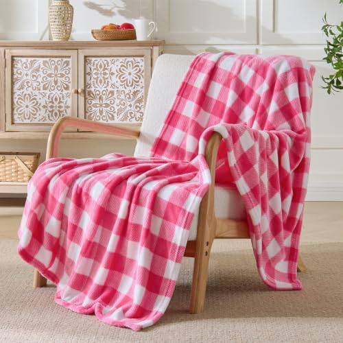 Image of BEDELITE Plaid Fleece Throw Blanket, Pink & White Buffalo 60x80 Inches