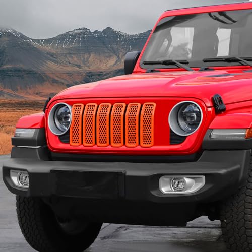 Image of Front Grill Insert Mesh Grille Inserts Cover Kit 7Pcs Compatible with 2024-2025+ Jeep Wrangler JL JLU & Gladiator JT Exterior Accessories (Orange)