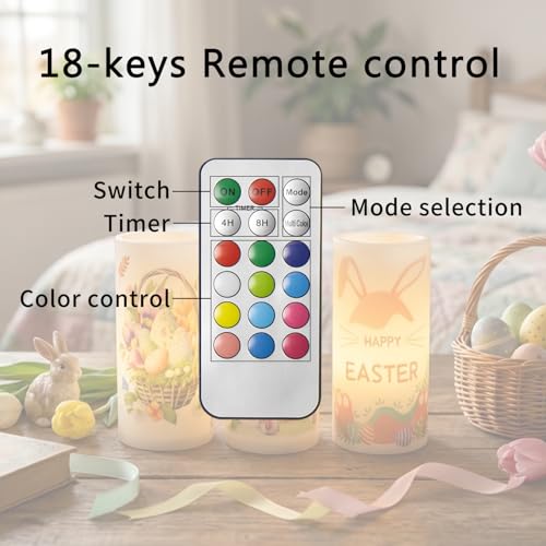 Image of 3PCS Easter Flameless Pillar Candles with Remote Control | Happy Easter Bunny Flower Rabbit Spring LED Candle Battery Operated, Colorful Flame, Long Lasting