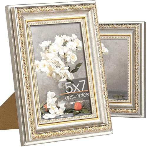 Image of upsimples Vintage 5x7 Picture Frame, Antique White and Gold Frames, 2 Pack