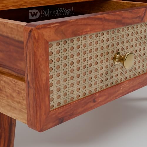 Image of DRIFTINGWOOD Amber Solid Sheesham Wood Coffee Table (100x50x43 cm) | Center Table with 2 Rattan Drawers, Open Storage | Honey Finish