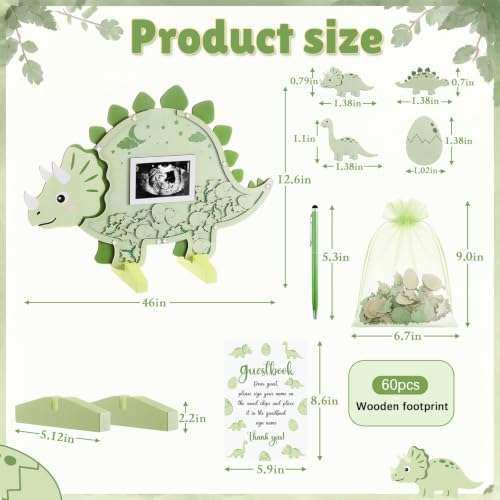 Image of Kosiz Dinosaur Baby Shower Guest Book, Green Triceratops Acrylic Guest Book Alternative with Wooden Dinosaur and Eggs for 60 Guests, Baby Shower Sign and Nursery Keepsake