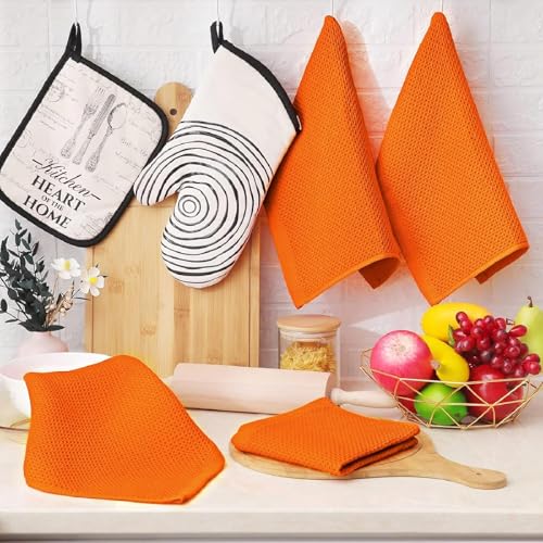 Image of Kitchen Cotton Lint Free Waffle Weave Hand Towels, Quick Drying Dish Cloths, Highly Absorbent Dish Rags Tea Towels Set with Hanging Loop, 13.4 inchx 13.4 inch, Orange, Pack of 6