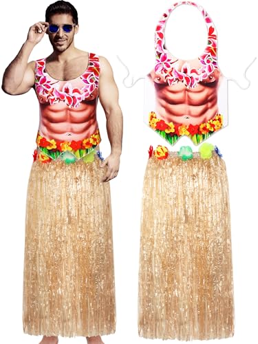 Bunnycool 2 Pcs Hawaiian Costume Luau Body Printed Bikini Apron Grass Skirt Set Funny Summer Beach Party Outfit for Hawaiian Hula Adult(Man)