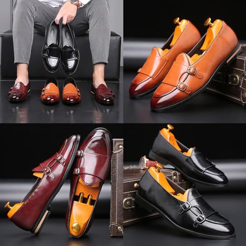 Men's Slip-on Dress Oxford Shoes,Pointed-Toe Low-top Double Monk Strap Black Patent Leather Business Casual Singles3